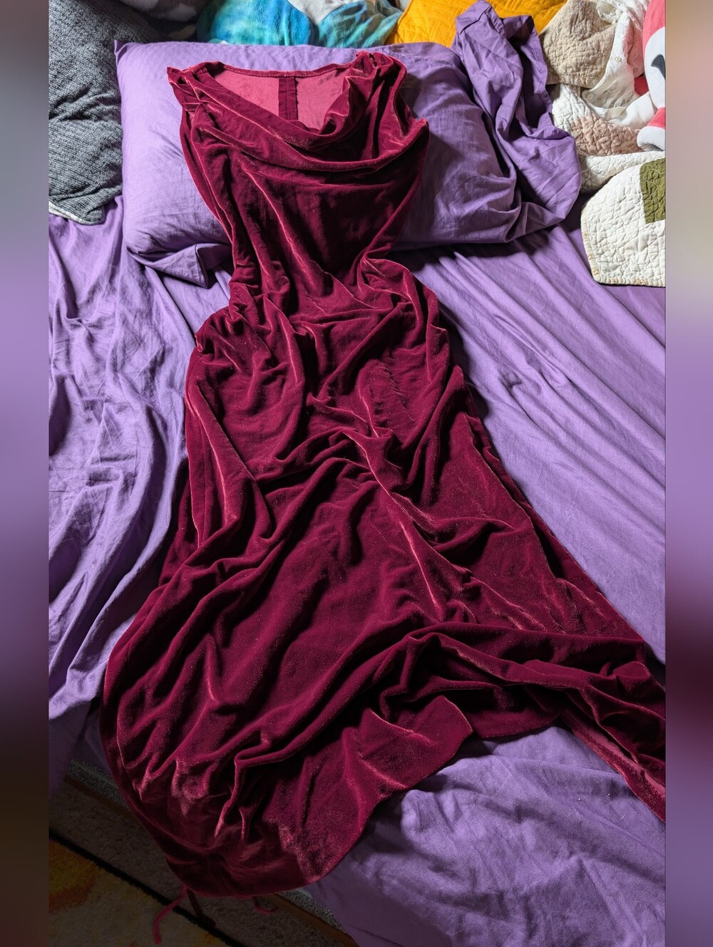 Floor Length Maroon Sleeveless Velvet Sheath Gown